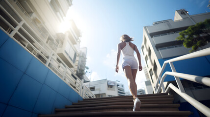Back view young woman in blue leggings walking up the stairs