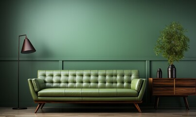 A light green leather sofa is positioned against a wall with a copy space. Mid-century, retro, vintage-style home interior design of a modern living room