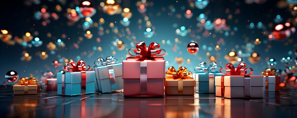 bannière web avec des cadeaux colorés qui se reflètent sur le sol