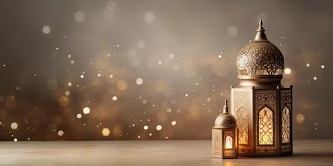 Fotobehang Celebration of islamic eid mubarak and eid al adha lantern in a light background. © MdBillal