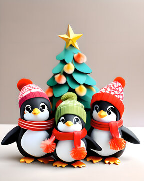 Three penguins in winter clothes, hats and scarves. A Christmas tree in the background. Illustration, graphics