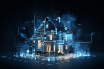 3D Digital house of particles. Architecture and Technology Concept. Interface element 3d illustration
