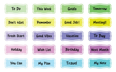 Planner stickers. Organizer tags. Printable planner stickers. Planners and weekly days label, memo schedule sticker tag. Bullet journal stickers, planner, scrapbook stickers design.