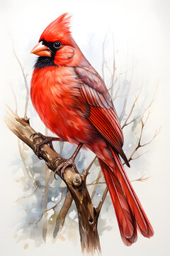 Watercolor illustration of red cardinal bird on a tree branch in winter