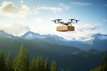 Fototapeta na wymiar A drone delivers food, drinks or medicine in a cardboard box while flying over the mountains.