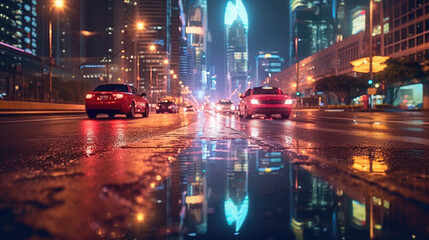 Fototapeta premium A city road at the heart of a bustling metropolis during the night