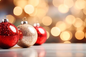 Glittery golden and red Christmas balls on en empty table with shimmering blurred lights at background for greeting card