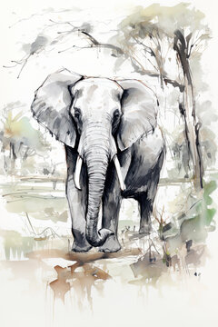 Elephant watercolor sketch hand drawn style on white background
