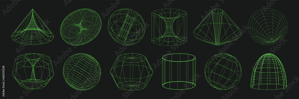 Aufkleber cyber distorted shapes, retro punk design elements. wireframe wave geometry on black background. tre