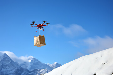 Fototapeta na wymiar A drone delivers an order or first aid in a package flying through the snowy mountain peaks in sunny weather