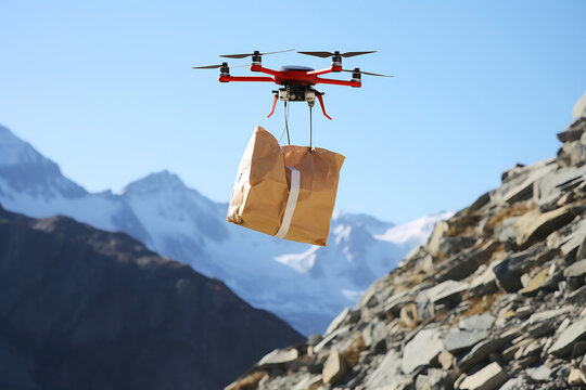 A drone delivers an order or first aid in a package flying through the snowy mountain peaks in sunny weather
