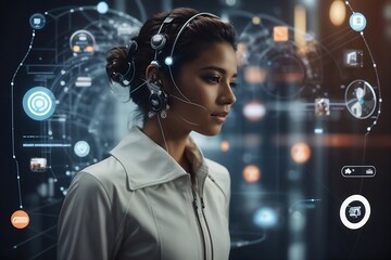 A Photorealistic Image of a Person in Gray Jacket Wearing a Black Headset, Interacting with a Futuristic Interface in Blue and Orange Colors