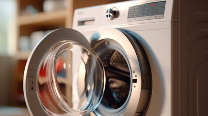 Close-up of a modern washing machine loaded with a pile of fresh laundry