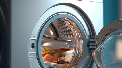 Close-up of a modern washing machine loaded with a pile of fresh laundry