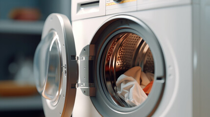 Close-up of a modern washing machine loaded with a pile of fresh laundry