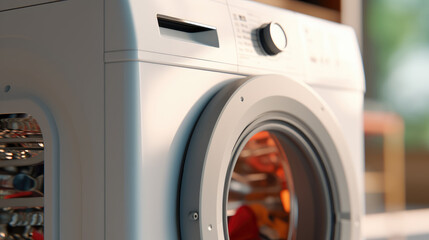 Close-up of a modern washing machine loaded with a pile of fresh laundry