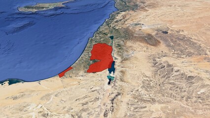 A 3D satellite image map of the earth showing the Palestinian Territories with Gaza Strip and West Bank highlighted in red. No text. - obrazy, fototapety, plakaty