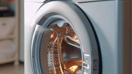 Close-up of a modern washing machine loaded with a pile of fresh laundry
