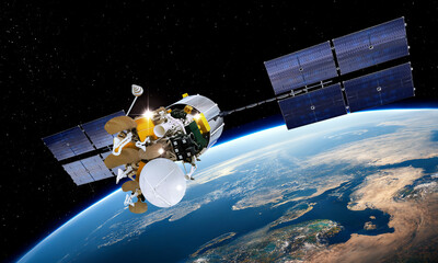 Modern telecommunication satellite at the Earth orbit - 665031862