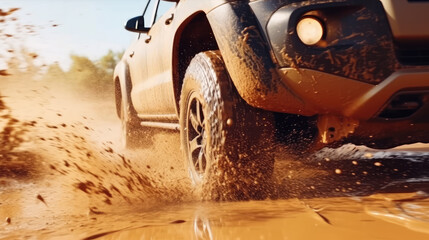 Close-up view of car tires conquering the muddy terrain