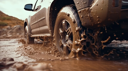Close-up view of car tires conquering the muddy terrain