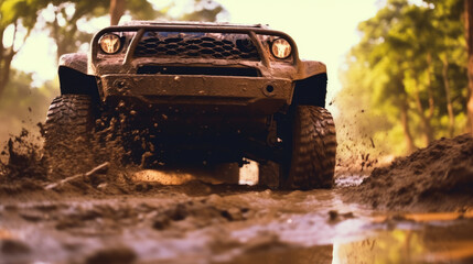 Obraz premium Close-up view of car tires conquering the muddy terrain