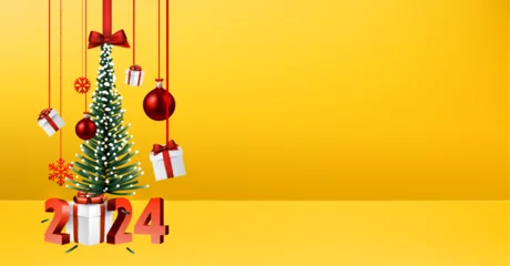 Fotobehang New year winter yellow background with 3d gift box and red 2024 letters. © Vjom