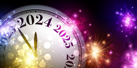 Fototapeta na wymiar New Year 2024 countdown clock on beautiful orange, green and blue fireworks display lights up the sky during night time celebration.