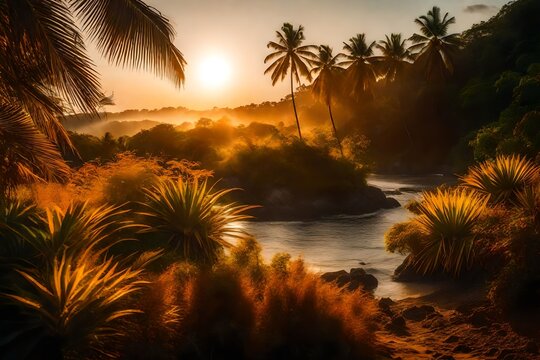A Photograph capturing the ethereal beauty of an island's landscape, where vibrant foliage dances under a golden sunset's embrace.