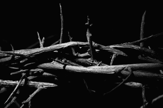 Silhouette of thorn wreath as symbol of death and resurrection of Jesus Christ. Close up black and white image.