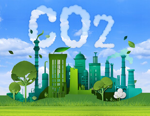 CO2, décarbonisation, concept industrie verte, responsabilité environnementale, réindustrialisation et développement urbain - IA générative - obrazy, fototapety, plakaty