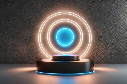 3d rendering illustration abstract futuristic podium display stage with neon light on black background.for modern power presentation.showcase gor hall or exhibition. AI generated