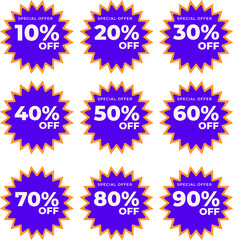 SET SALE BADGE TEMPLATE FLAT COLOR DESIGN. OFFER WITH DIFFERENT DISCOUNT PROMOTION.MODERN DESIGN VECTOR FOR YOUR BUSINESS