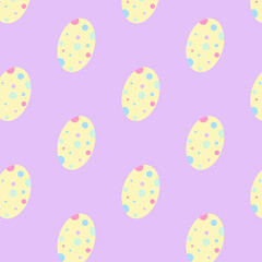 Egg seamless pattern isolated on violet background.Colorful pastel  eggs repeat pattern with polka dots.Cute background.Easter egg. 