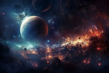 A breathtaking cosmic scene of a galaxy, planets, and space objects. Generative AI