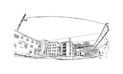 Building view with landmark of Sherbrooke is the city in Canada. Hand drawn sketch illustration in vector.