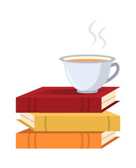 reading books. library store education items cartoon minimalistic flat books stacks with colorful covers and teacup on them, cozy autumn. vector cartoon graphics.