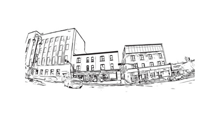 Building view with landmark of Sherbrooke is the city in Canada. Hand drawn sketch illustration in vector.