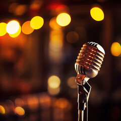 Close up shot of stage retro microphone and bokeh background