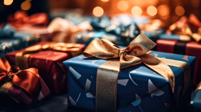 Close Up Of Expensive Christmas Present Nicely Wrapped With Golden Ribbon Bow On Festive Background. 