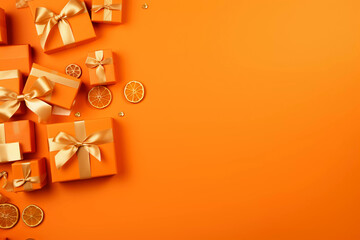 Orange gift boxes placed on an orange background, the concept of discounts. Space for text. - obrazy, fototapety, plakaty