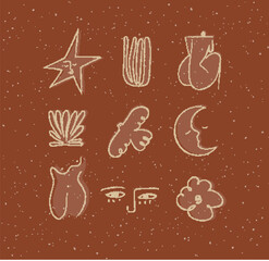 Icons art style star, plant, woman, bird, moon, eyes cloud drawing on brown background