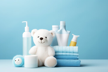 Baby bath accessories, bottles of shampoo with white bear and blue towels - obrazy, fototapety, plakaty