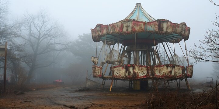 Eerie, fog-shrouded abandoned amusement park ride , concept of Desolate