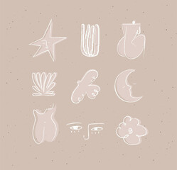 Icons art style star, plant, woman, bird, moon, eyes, cloud drawing on coffee color background