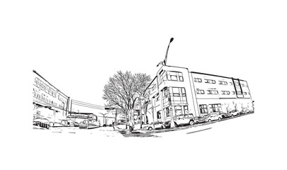 Building view with landmark of Sherbrooke is the city in Canada. Hand drawn sketch illustration in vector.