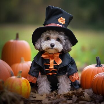 Halloween Pets With Transitions. Pets in Halloween Costumes video. Generative AI. Adorable images of dogs and cats in Halloween costumes with transitions. Backgrounds include jack-o-lanterns, candles,