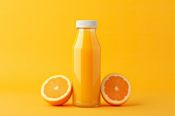 Orange Juice bottle on orange background.