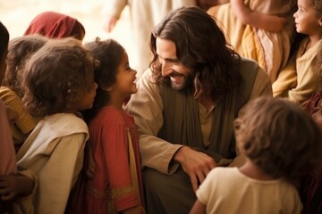 Jesus among children, Loving and caring biblical scene - obrazy, fototapety, plakaty