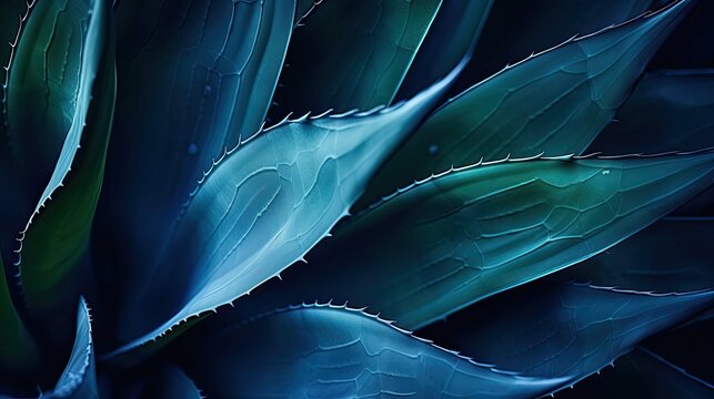 closeup agave cactus, abstract natural pattern background and textures, dark blue toned
